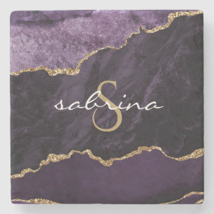 Monogram Agate Geode Purple Gold Stone Coaster