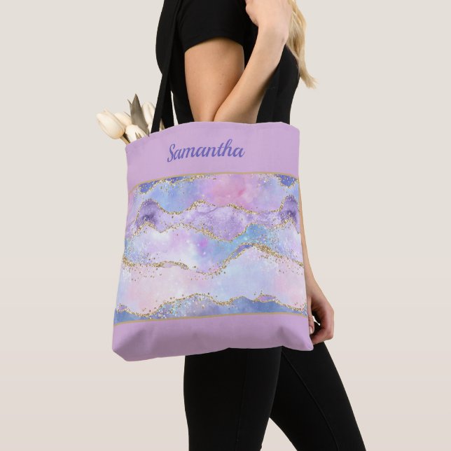 Monogram Agate Glitter Trendy Blue Pink Purple Tote Bag (Close Up)