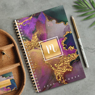 Monogram agate gold purple blue watercolor custom planner