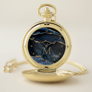 Monogram Agate Navy Blue Gold Marble Pocket Watch