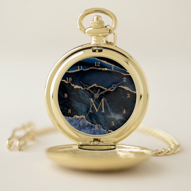 Monogram Agate Navy Blue Gold Marble Pocket Watch (Inside)