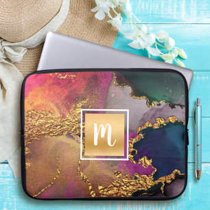 Monogram agate watercolor gold purple blue green laptop sleeve
