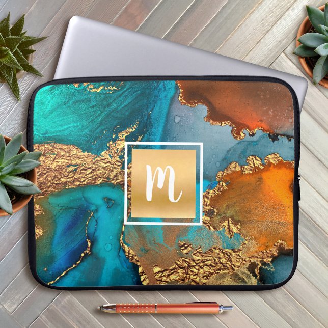 Monogram agate watercolor gold turquoise orange laptop sleeve (Creator Uploaded)