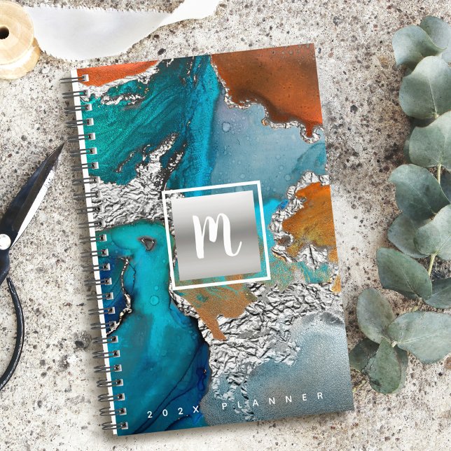 Monogram agate watercolor silver turquoise orange planner (Creator Uploaded)