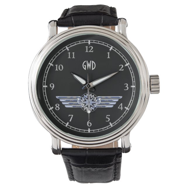 Monogram Air Pilot Silver Wings Compass on Black Watch (Front)