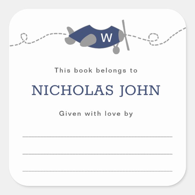 Monogram Airplane Boy Baby Shower Bookplate (Front)