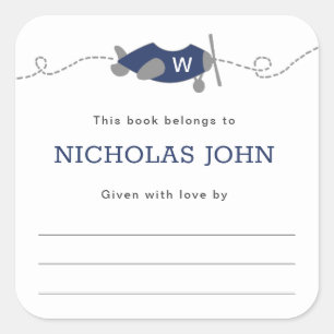 Monogram Airplane Boy Baby Shower Bookplate