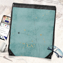 Monogram Airplane Dark Turquoise Gold Travel Drawstring Bag