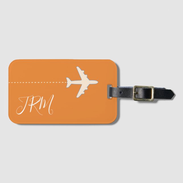 monogram & airplane on orange travel luggage tag (Front Horizontal)