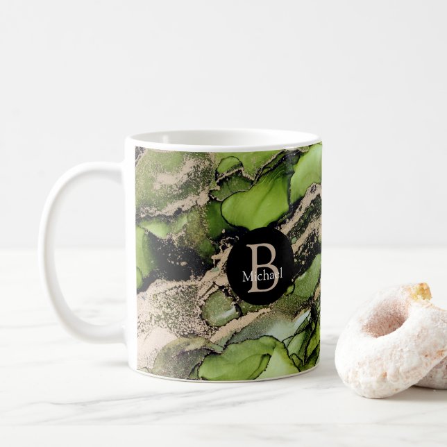 Monogram Alcohol Ink Black Green Gold Coffee Mug (With Donut)