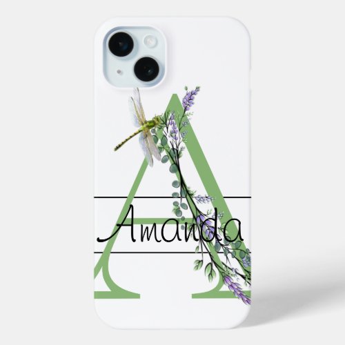 Monogram alphabet A Lavender Eucalyptus Dragonfly iPhone 15 Plus Case