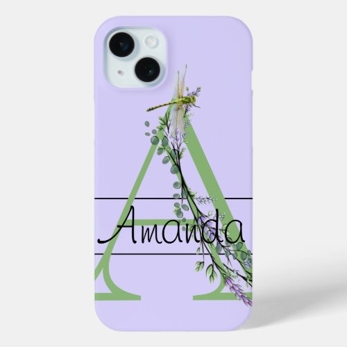 Monogram alphabet A  Lavender Eucalyptus Dragonfly iPhone 15 Plus Case