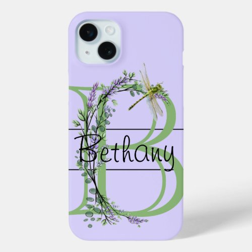 Monogram alphabet B Lavender Eucalyptus Dragonfly iPhone 15 Plus Case