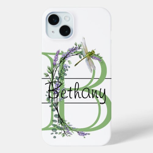 Monogram alphabet B Lavender Eucalyptus Dragonfly iPhone 15 Plus Case