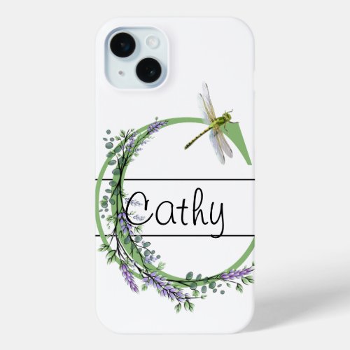 Monogram alphabet C Lavender Eucalyptus Dragonfly iPhone 15 Plus Case