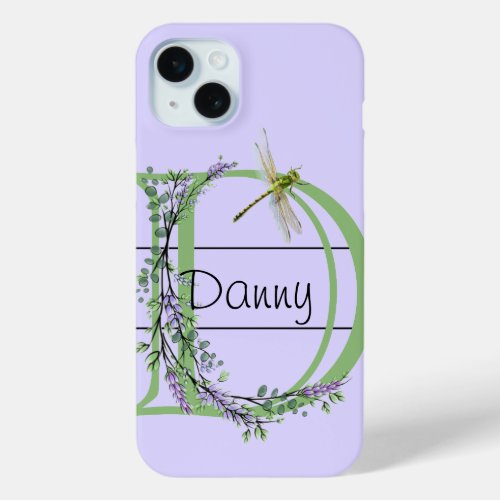 Monogram alphabet D Lavender Eucalyptus Dragonfly iPhone 15 Plus Case