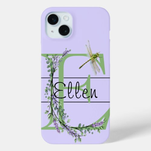 Monogram alphabet E Lavender Eucalyptus Dragonfly iPhone 15 Plus Case