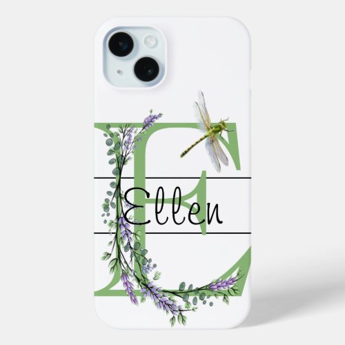Monogram alphabet E Lavender Eucalyptus Dragonfly iPhone 15 Plus Case