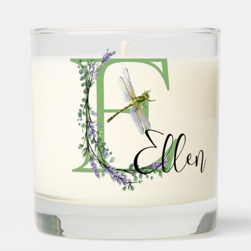 Monogram alphabet E Lavender Eucalyptus Dragonfly Scented Candle