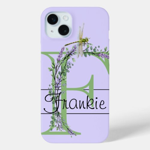 Monogram alphabet F Lavender Eucalyptus Dragonfly iPhone 15 Plus Case