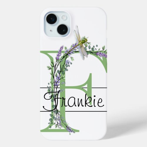 Monogram alphabet F Lavender Eucalyptus Dragonfly iPhone 15 Plus Case