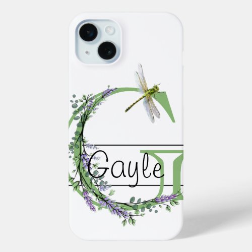 Monogram alphabet G Lavender Eucalyptus Dragonfly iPhone 15 Plus Case
