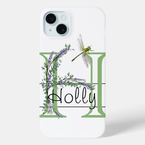 Monogram alphabet H Lavender Eucalyptus Dragonfly iPhone 15 Plus Case