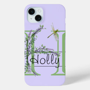 Monogram alphabet H Lavender Eucalyptus Dragonfly iPhone 15 Plus Case