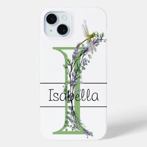 Monogram alphabet I Lavender Eucalyptus Dragonfly iPhone 15 Plus Case