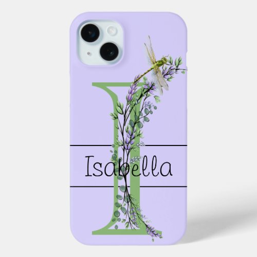 Monogram alphabet I Lavender Eucalyptus Dragonfly iPhone 15 Plus Case