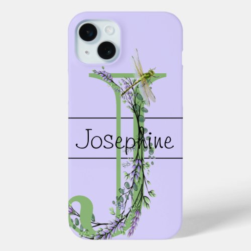 Monogram alphabet J Lavender Eucalyptus Dragonfly iPhone 15 Plus Case
