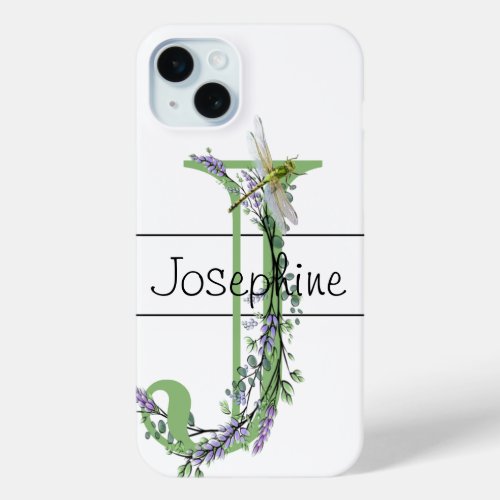 Monogram alphabet J Lavender Eucalyptus Dragonfly iPhone 15 Plus Case