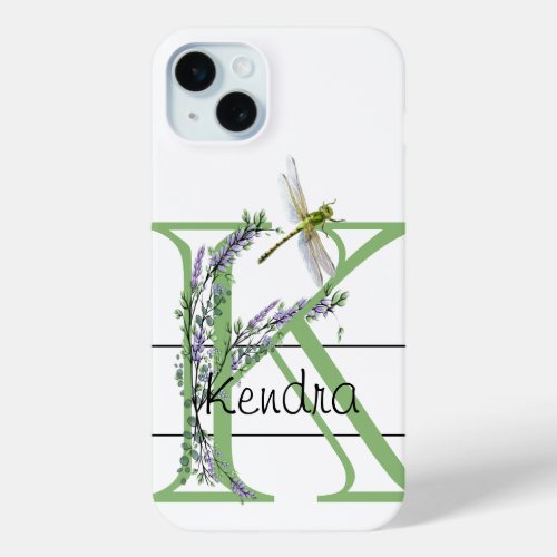 Monogram alphabet K Lavender Eucalyptus Dragonfly iPhone 15 Plus Case