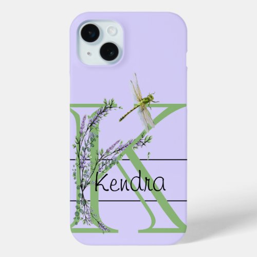 Monogram alphabet K Lavender Eucalyptus Dragonfly iPhone 15 Plus Case