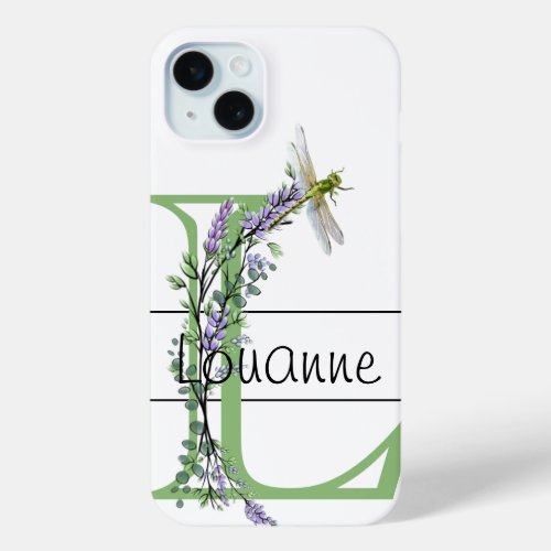 Monogram alphabet L Lavender Eucalyptus Dragonfly iPhone 15 Plus Case