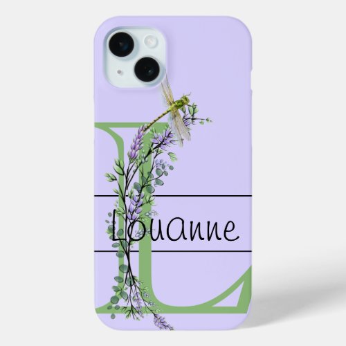 Monogram alphabet L Lavender Eucalyptus Dragonfly iPhone 15 Plus Case