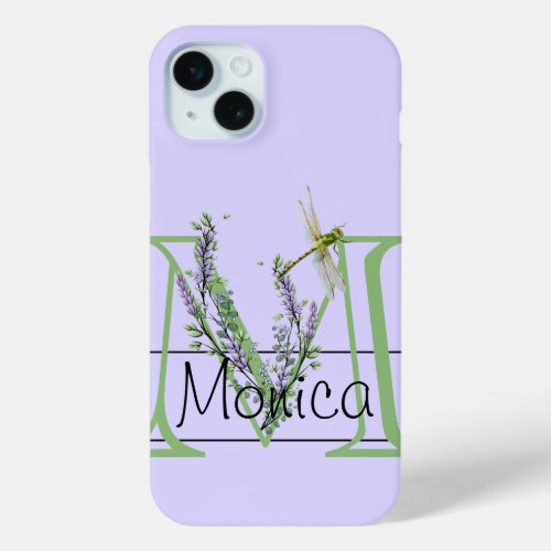 Monogram alphabet M Lavender Eucalyptus Dragonfly iPhone 15 Plus Case