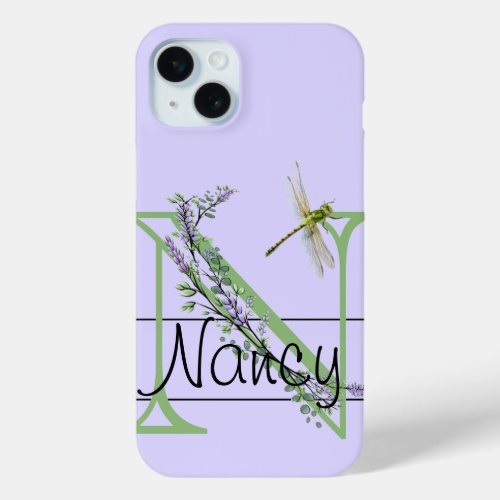 Monogram alphabet N Lavender Eucalyptus Dragonfly iPhone 15 Plus Case