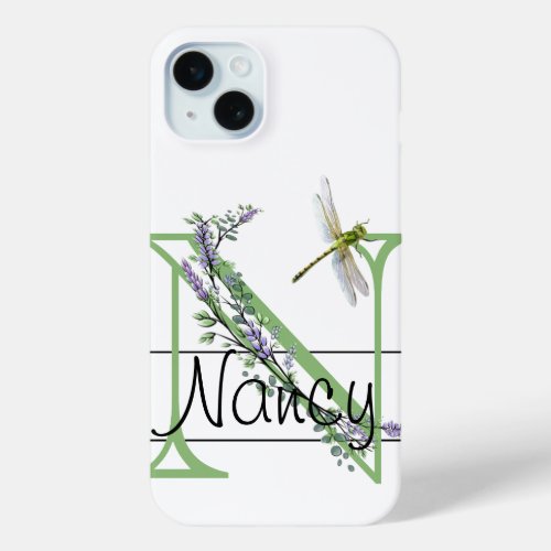 Monogram alphabet N Lavender Eucalyptus Dragonfly iPhone 15 Plus Case