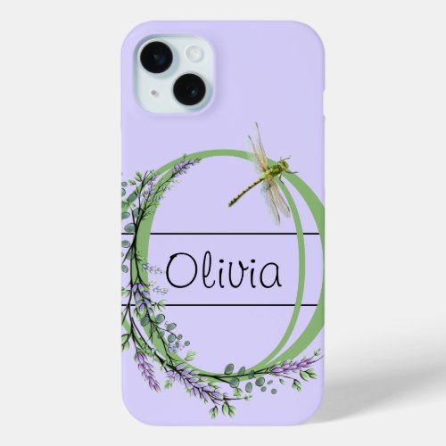 Monogram alphabet O Lavender Eucalyptus Dragonfly iPhone 15 Plus Case