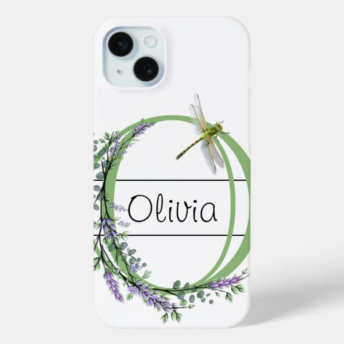 Monogram alphabet O Lavender Eucalyptus Dragonfly iPhone 15 Plus Case