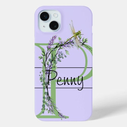 Monogram alphabet P Lavender Eucalyptus Dragonfly iPhone 15 Plus Case