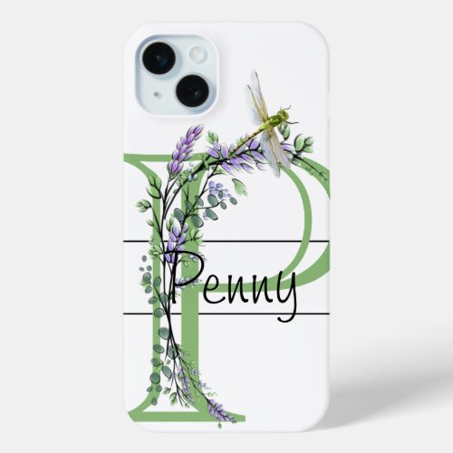 Monogram alphabet P Lavender Eucalyptus Dragonfly iPhone 15 Plus Case