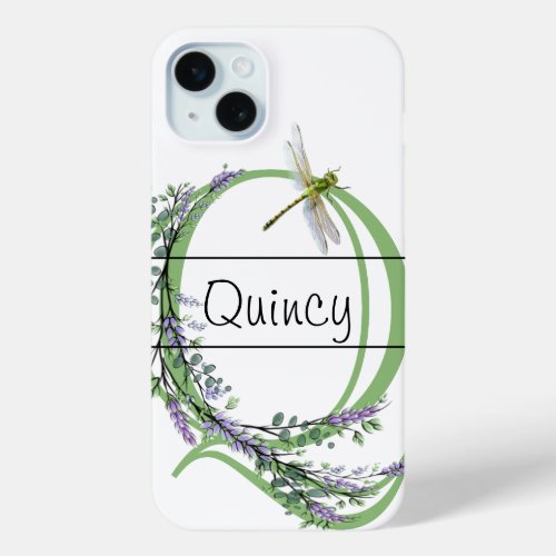 Monogram alphabet Q Lavender Eucalyptus Dragonfly iPhone 15 Plus Case