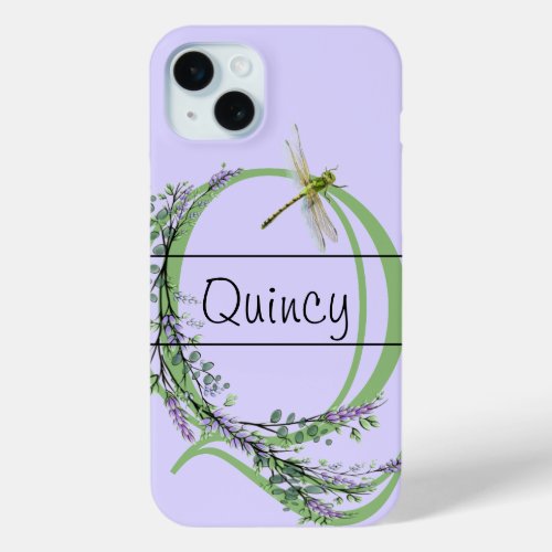 Monogram alphabet Q Lavender Eucalyptus Dragonfly iPhone 15 Plus Case