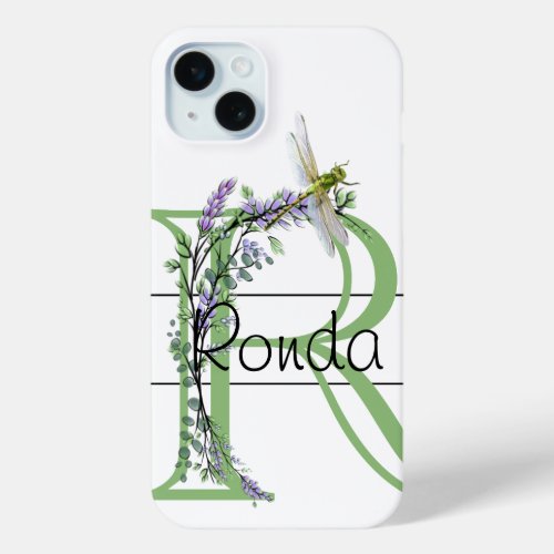 Monogram alphabet R Lavender Eucalyptus Dragonfly iPhone 15 Plus Case