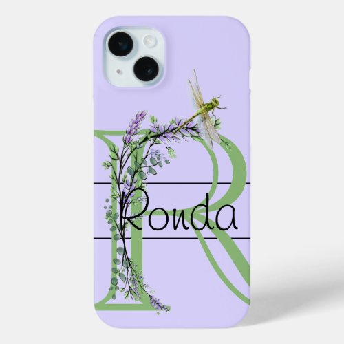 Monogram alphabet R Lavender Eucalyptus Dragonfly iPhone 15 Plus Case