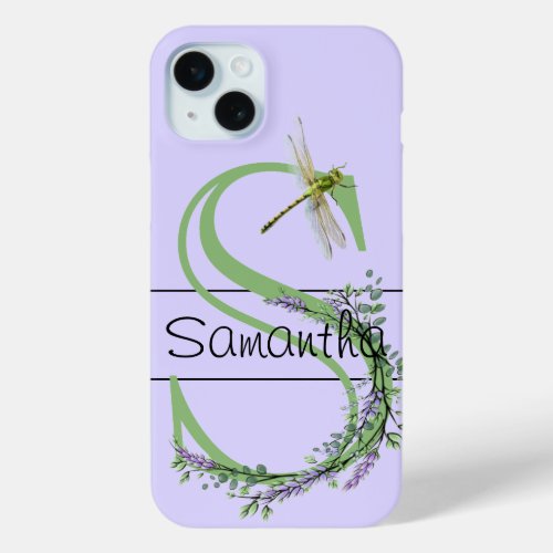 Monogram alphabet S Lavender Eucalyptus Dragonfly iPhone 15 Plus Case