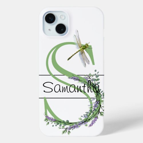 Monogram alphabet S Lavender Eucalyptus Dragonfly iPhone 15 Plus Case