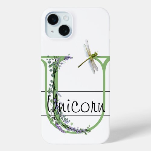 Monogram alphabet U Lavender Eucalyptus Dragonfly iPhone 15 Plus Case